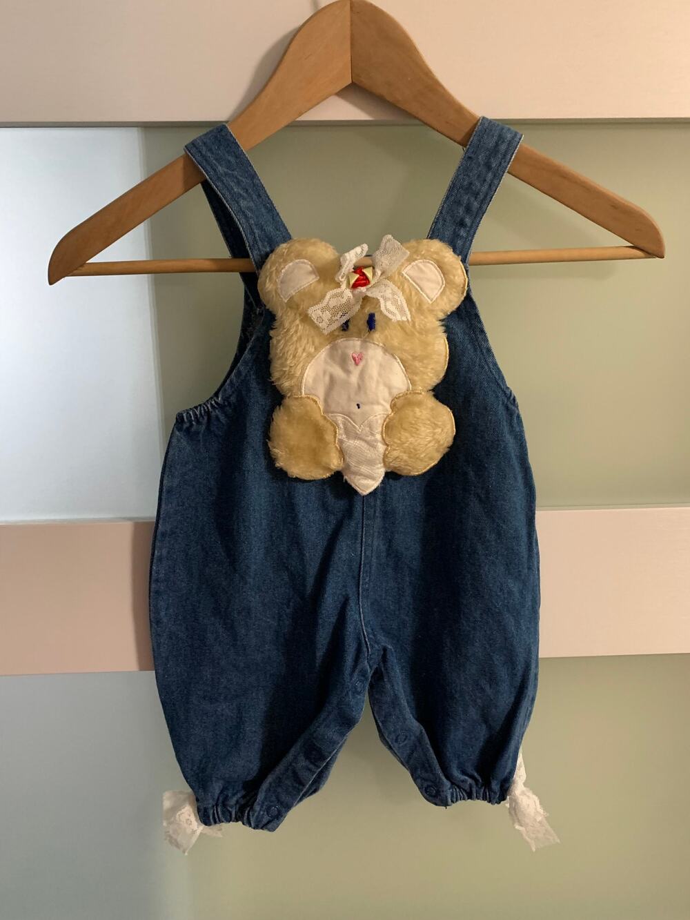 Vintage Sweet Me Denim Bear Fuzzy Plush Overall Romper 6-9 mos.